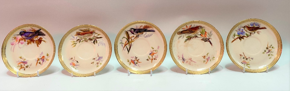 A good 19th Century Royal Worcester ornithological painted blush ivory part tea set, no. 8292, - Image 13 of 29