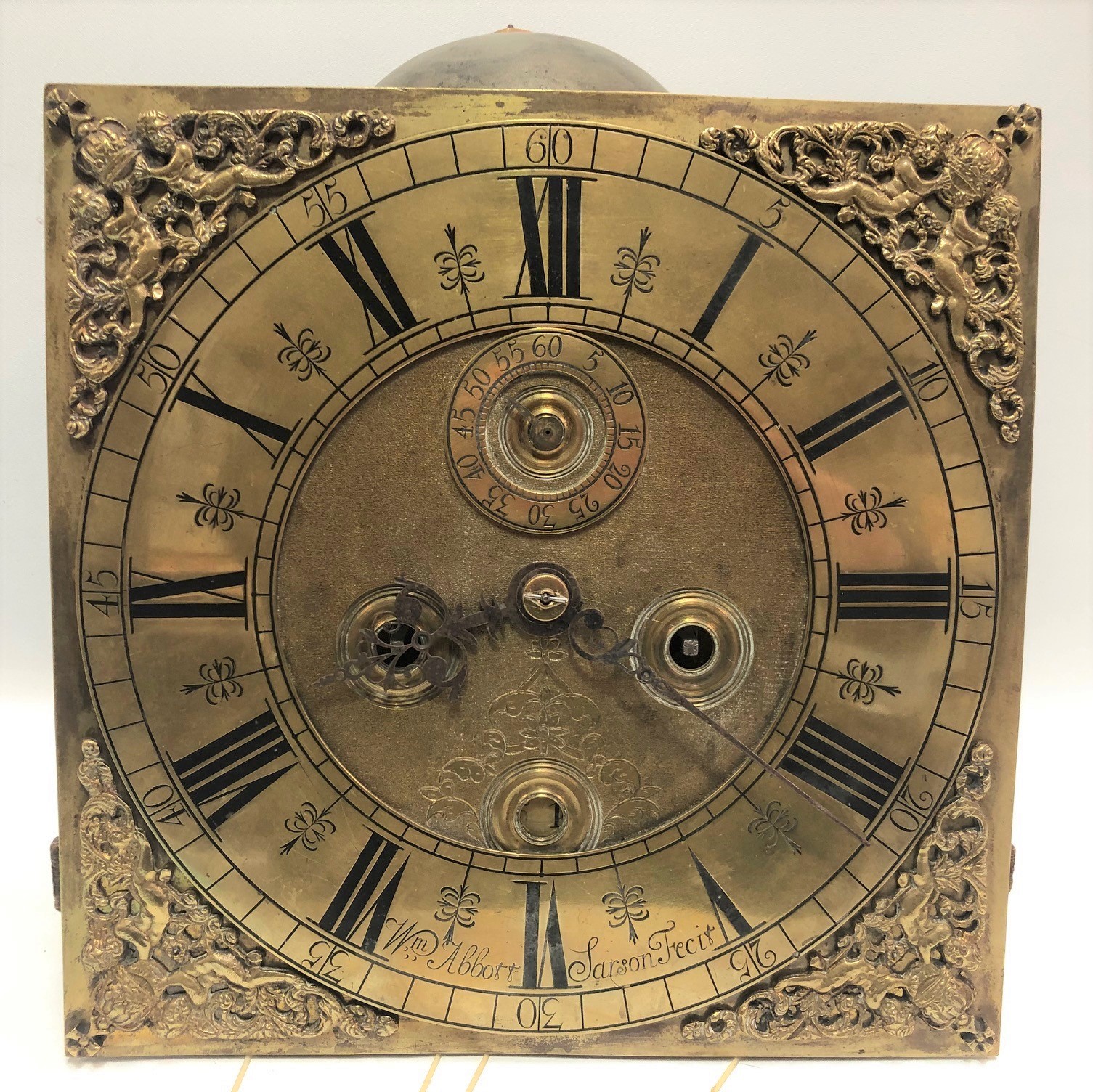 Eight day longcase clock with 11in brass dial and with chaptering signed WM Abbott, Sarson Fecit and - Image 6 of 8