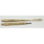 Bone carved and pierced Stanhope pencil; together with a bone carved and pierced pen with paperknife