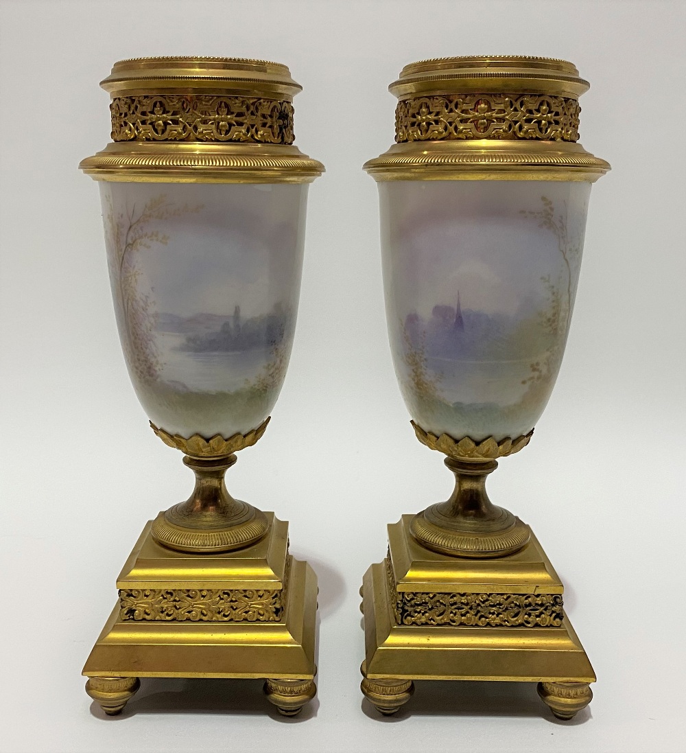 A pair of painted porcelain gilt bronze mounted pedestal garniture vases, the fluted & beaded collar - Image 2 of 2