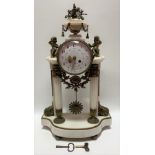 French white marble Portico two-train clock, brass mounted, the 5in white enamel dial with Arabic