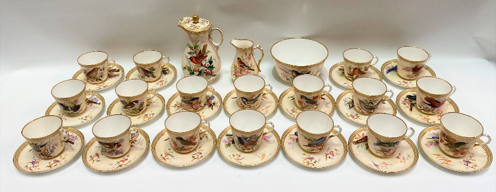 A good 19th Century Royal Worcester ornithological painted blush ivory part tea set, no. 8292, - Image 2 of 29