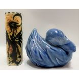 A Lamorna Pottery potpourri jar in the form of a duck with a mottled blue glaze, signed to the base,