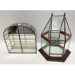 Brass framed glass and stained red glass hexagonal section terrarium of architectural form and