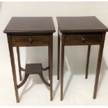 A pair of Edwardian inlaid two tier occasional tables of square section with a single frieze drawer,