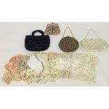Four beaded evening bags and a small quantity of lace.