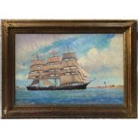 HUGH BOYCOTT BROWN (1909-1990) A Three Masted Ship Offshore Oil on canvas Signed Dated 1981 to