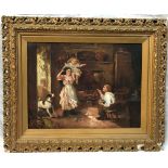 KATE GRAY (Act. 1848-1892) Children And A Dog Within A Cottage Oil on canvas Signed 44.5 x 58.5cm
