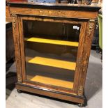 Victorian walnut inlaid low bookcase with glazed door enclosing two fixed shelves and with gilt