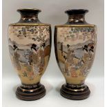 Pair of Japanese satsuma hexagonal section baluster vases, both decorated in enamels and gilded with