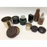 Five leather boxes, including a medicine glass mini measure with glass, two silver plated stacking
