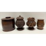 Three treen boxes, one a tobacco barrel with George VI carved Royal Engineers' emblem, height