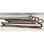 Eight various antique walking sticks, one with ivory handle, one with silver ball finial.