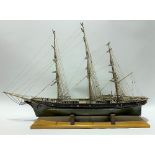 Three masted ship model, length 90cm.