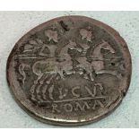 Roman coin, L.Cupiennius Denarius, helmeted head of Roma, the Dioscuri galloping under Roma,