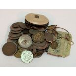 Collection of British and foreign coins, one pound note, purse, etc.
