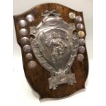 Pewter oak mounted trophy shield for Dr Barnardo's Homes 'Barnardo Helper's League', height 53cm