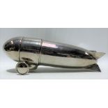 Art Deco style silver plated cocktail shaker in the form of a Zeppelin airship, length 32.5cm