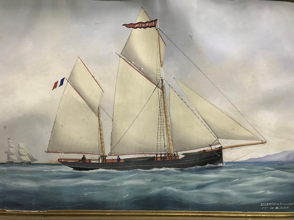 A 19th Century ship portrait 'EURVIN DE BOULOGNE CAPT LA BLOUSH' Gouache on paper 53cm x 74cm