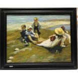 20th Century School Children Playing At The Beach Oil on canvas 30 x 40cm