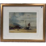 HUBERT COOP (1872-1953) West Country Coastal Scene With Beached Boat Watercolour Signed 27 x 37cm