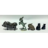 Bronze patinated miniature rearing goat, height 4.5cm; together with a bronze model of a pot-bellied