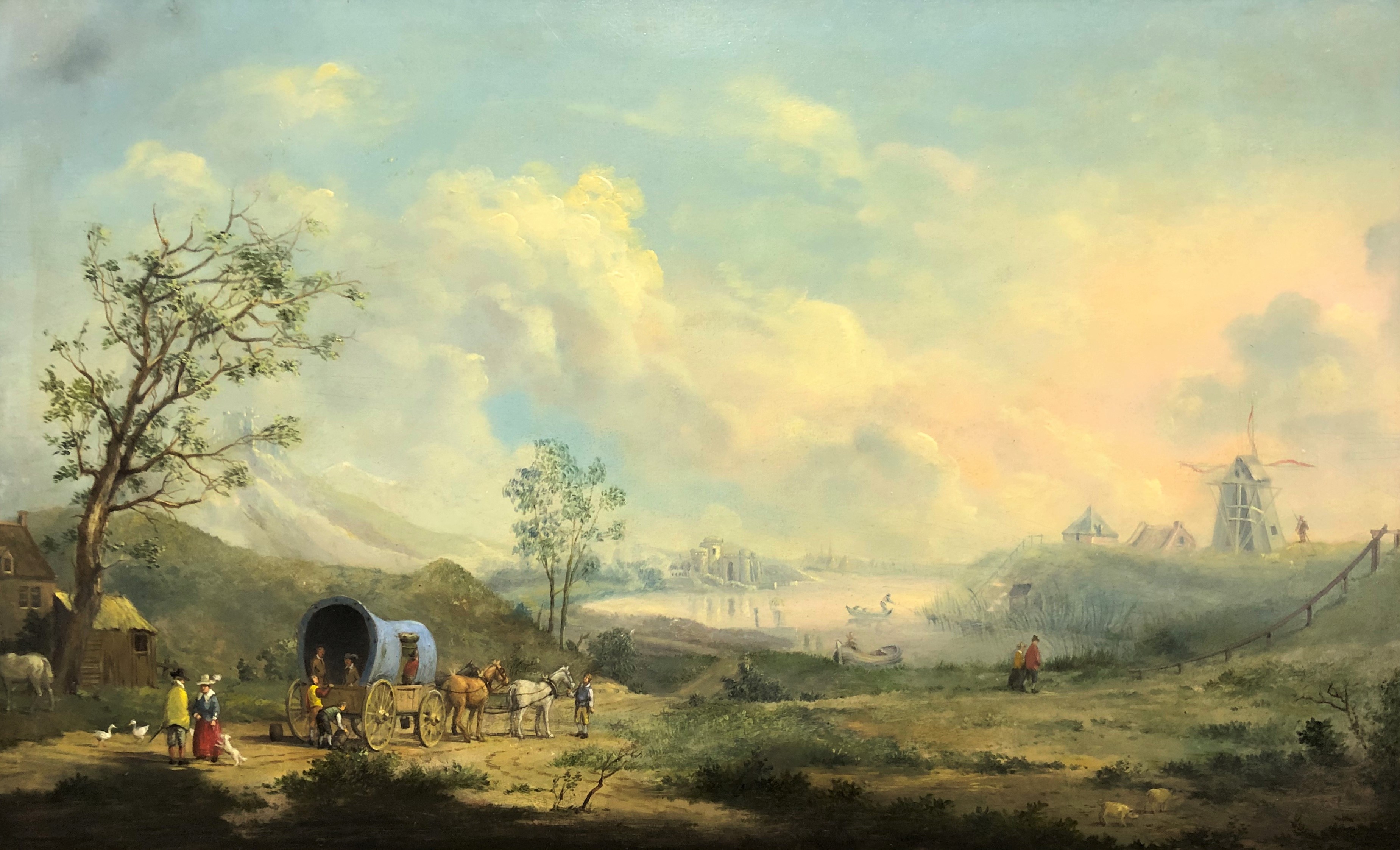 19th century Dutch School River Scene With Horse and Cart, Figures and a Windmill In The Distance - Image 2 of 2