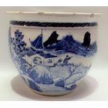 Chinese blue and white underglaze decorated jardinière decorated with continuous lake landscape with