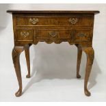 18th Century style burr elm lowboy, the string inlaid top with re-entrant corners and moulded edge