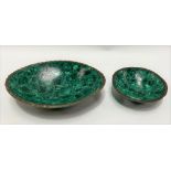 Two malachite brass mounted dishes, largest 16.5cm.
