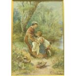 MYLES BIRKET FOSTER (1825-1899) Mother and child on a river path Watercolour Signed with monogram 19