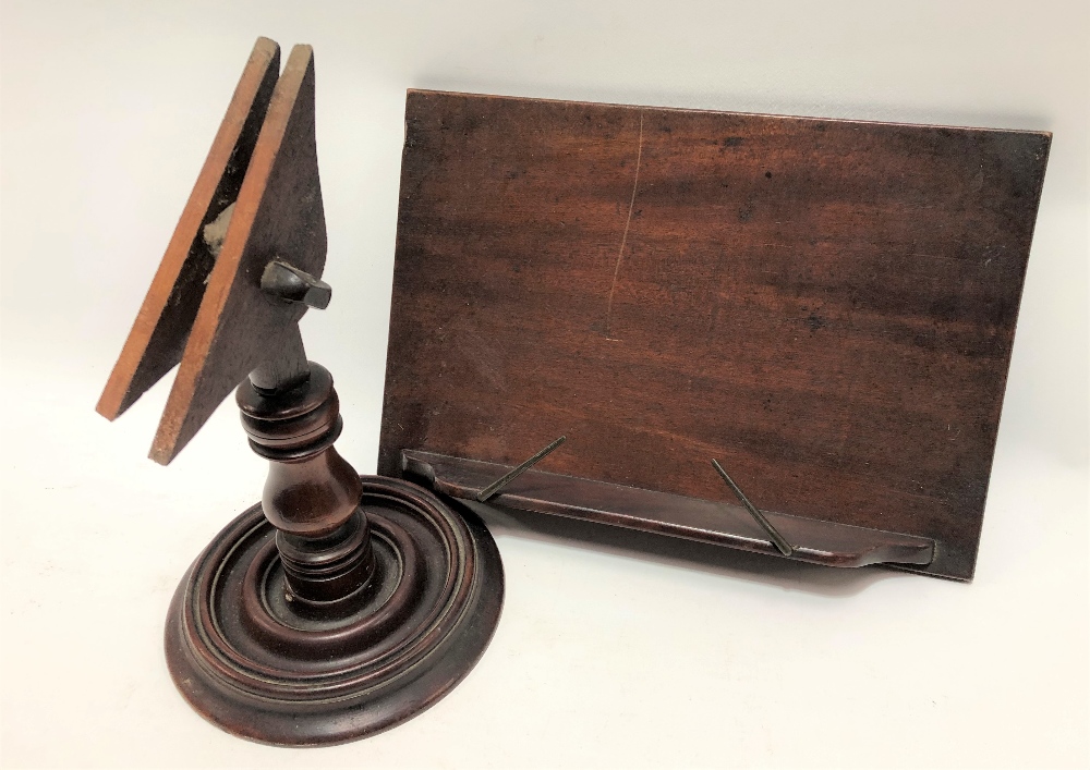 19th Century mahogany desktop pedestal book stand, the rectangular stand 33cm over a ring and