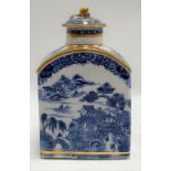A Chinese export blue and white underglaze tea caddy, underglaze printed with a continuous pagoda