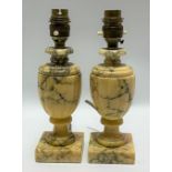Pair of turned and fluted grey veined alabaster table lamps, height 22cm.