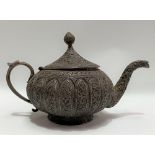 Indian silver plated ovoid teapot, foliate chased and embossed, height 15cm