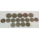 Four George V one shilling coins, George VI one shilling coin and twelve George V and George VI