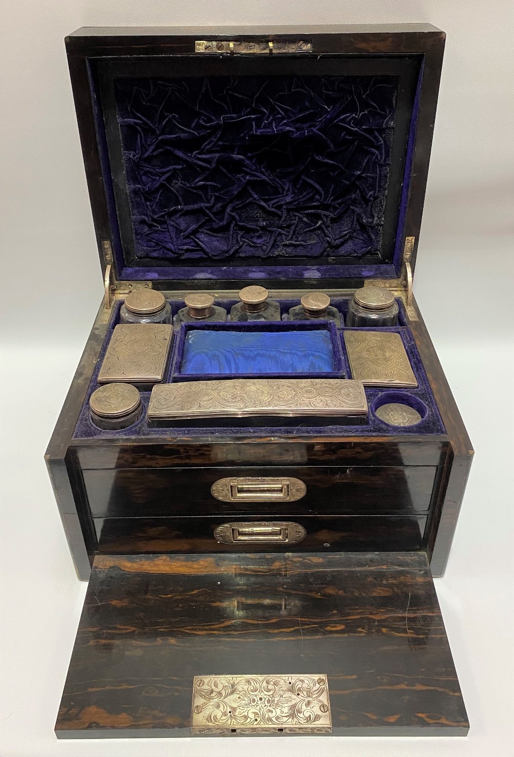 Victorian Coromandel brass inlaid vanity box, the hinged-lid revealing eight silver lidded bottles - Image 2 of 5