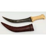 Persian Jambiya with curved steel blade with central nib and marine ivory hilt, with original