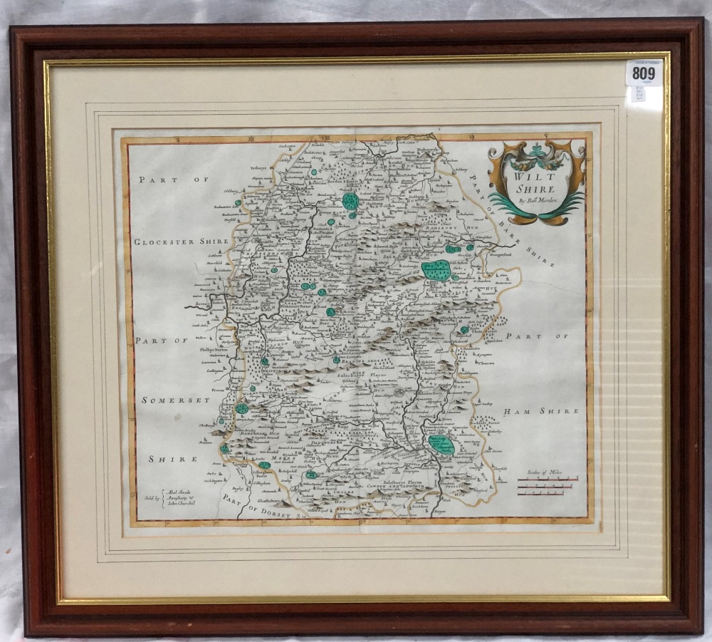 ROBERT MORDEN Map of Wiltshire Hand coloured copper engraving 35 x 41.5cm