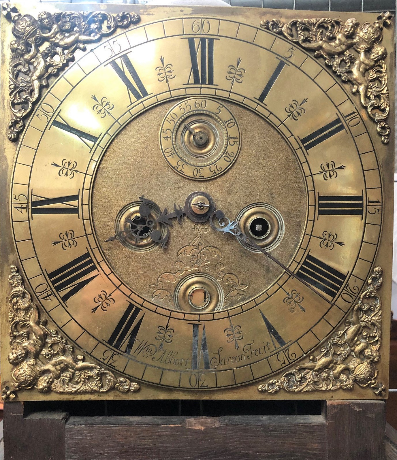 Eight day longcase clock with 11in brass dial and with chaptering signed WM Abbott, Sarson Fecit and - Image 7 of 8