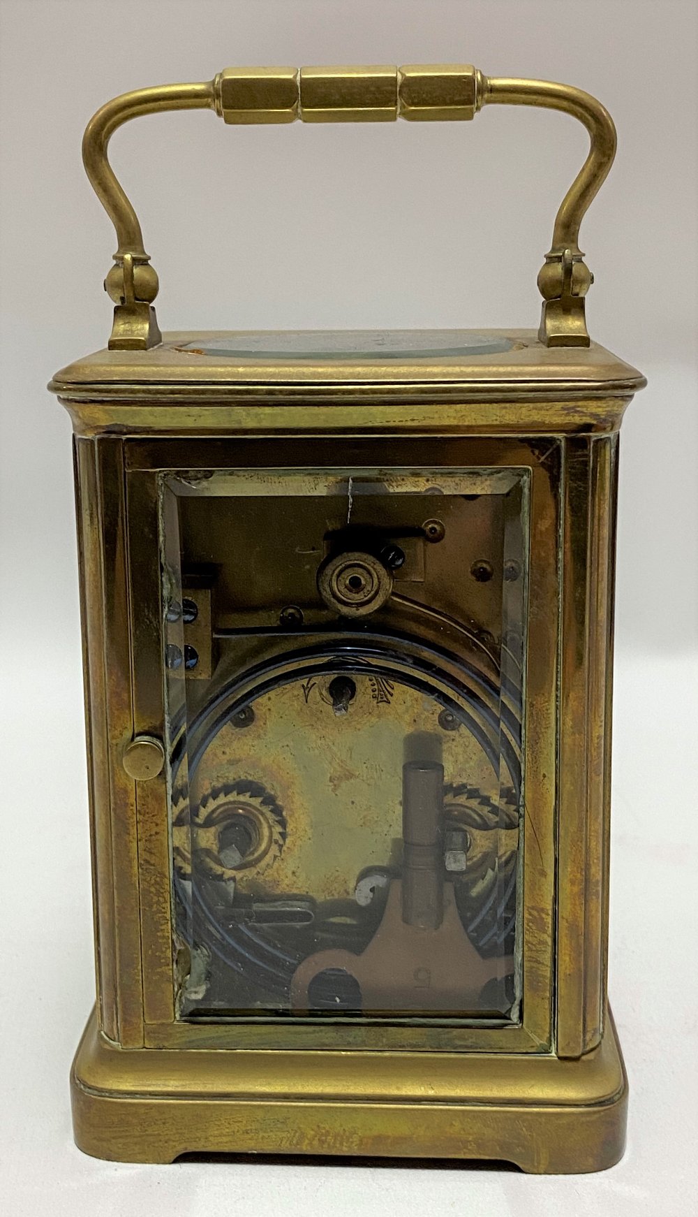 French brass cased carriage clock, the 2.5in white enamel dial with black Roman Numerals, the - Image 3 of 4
