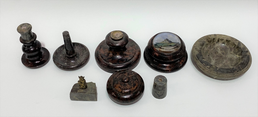 A collection of Cornish red serpentine wares including a candlestick (AF), a ring tree, a lidded - Image 2 of 2