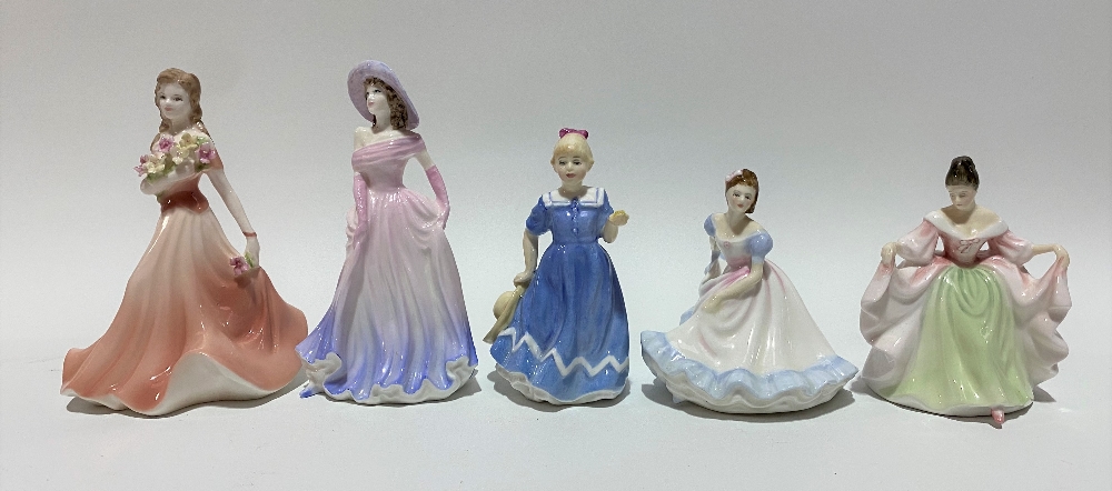 Three small Royal Doulton lady figures, together with two small Coalport lady figures (5).