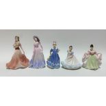 Three small Royal Doulton lady figures, together with two small Coalport lady figures (5).