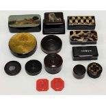 A collection of boxes to include three turned treen boxes, four snuff boxes, one horn with