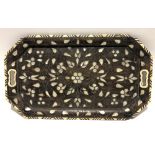 Persian bone mother of pearl and wire inlaid rectangular canted twin handle tray, width 50cm