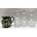 Wileman & Co Foley intarsio jug, pattern 3457 (af); together with a pair of cut glass decanters