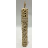 19th Century Cantonese carved ivory cylindrical needle holder, length 16cm