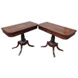 A good pair of Regency rosewood brass inlaid pedestal card tables, the tops inlaid with a foliate