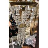 Pair of brass circular chandelier bag ceiling lights, diameter 20cm (glass drops in need of re-